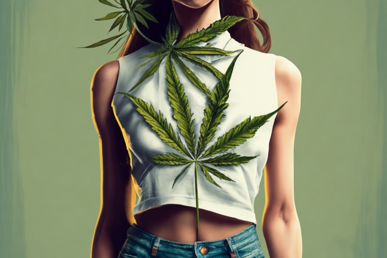 Woman, Wearing white top, cannabis leaf, below face, blue jeans, hd
