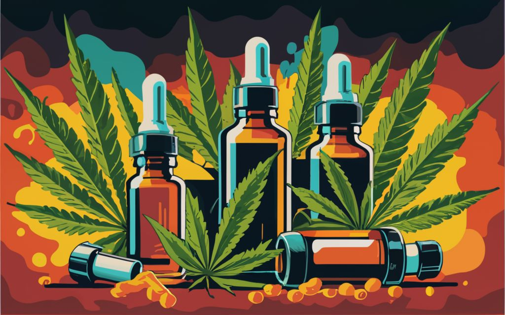 Vijaya leaf Extract, Cannabis leaf background with multiple tinctures bottles, and Vijaya leaf Extract Bottles., vibrant, conceptual art, illustration, product, typography, Discover the Benefits of Vijaya(Cannabis) Leaf Extract