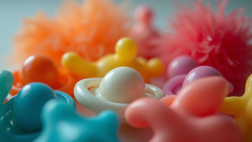 Close-up view of a variety of colorful sex toys