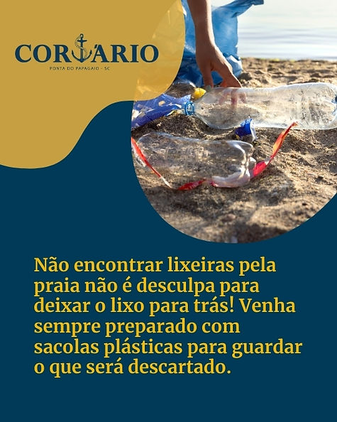 Não encontrar lixeiras pela praia não é desculpa para deixar o lixo para trás! Venha sempre preparado com sacolas plásticas para guardar o que será descartado.
