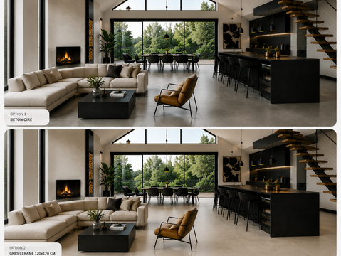Salon, salle à manger et cuisine ouverte dans une maison contemporaine avec un carrelage grand format en grès cérame effet pierre, choisi par une décoratrice d'intérieur pour son harmonie avec l'architecture.