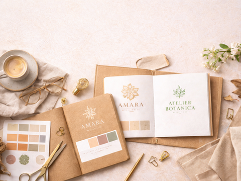 Processus de création d’un logo : carnets de design, palette de couleurs et outils de graphisme disposés sur un bureau de designer.