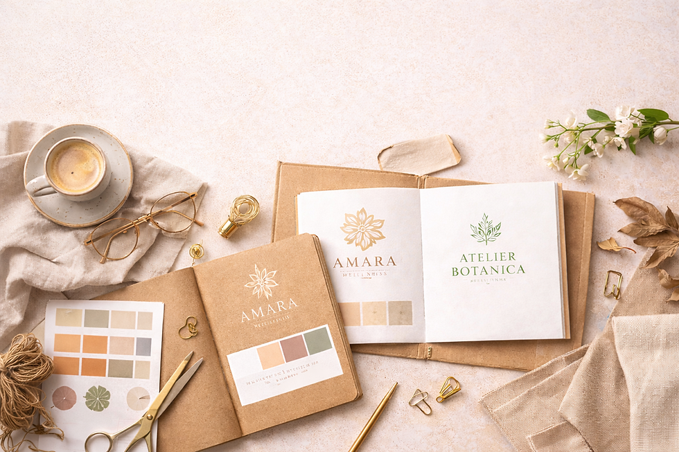 Processus de création d’un logo : carnets de design, palette de couleurs et outils de graphisme disposés sur un bureau de designer.