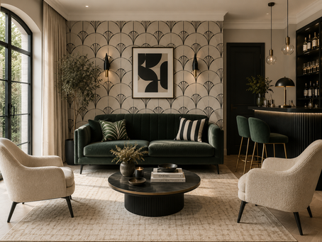 Salon contemporain inspiré du style anglais revisité avec canapé en velours vert et association harmonieuse de coussins à motifs choisis par une décoratrice d'intérieur.