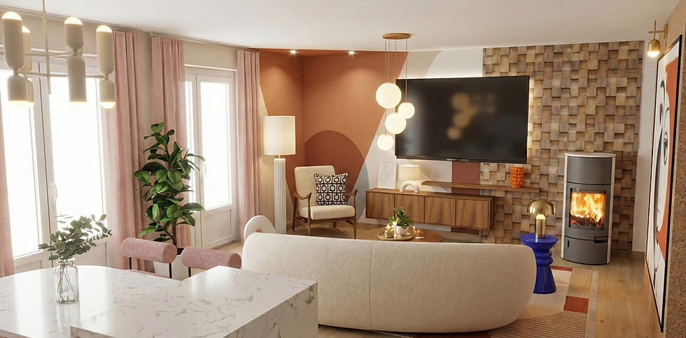 Vue 3D Photoréaliste d'un projet d'aménagement intérieur salon séjour avec ambiance contemporaine