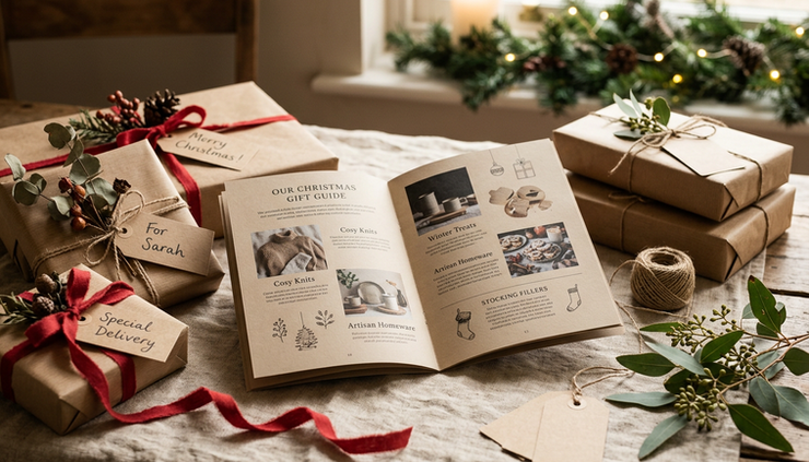 Eye-level view of a festive gift guide open beside wrapped parcels.