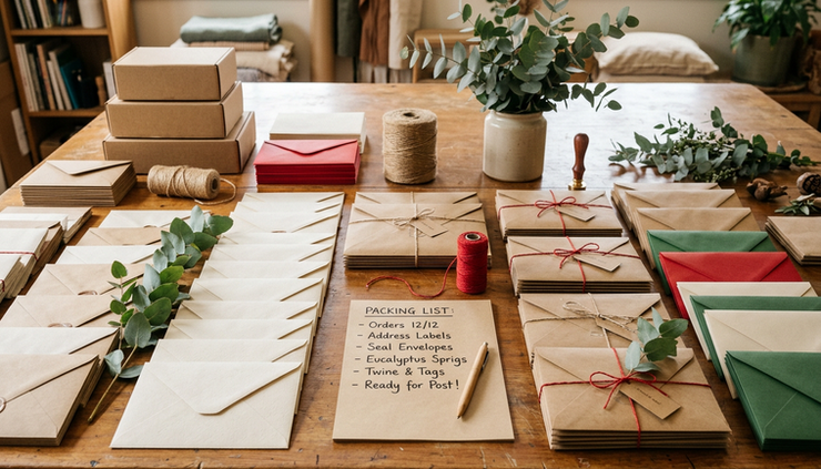 Wide-angle view of neatly packed Christmas mailers ready for posting.