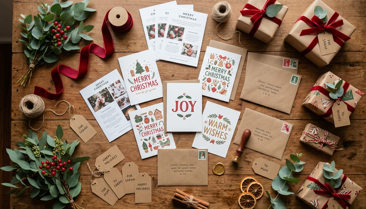 Overhead view of Christmas print pieces arranged with ribbon and native flowers.