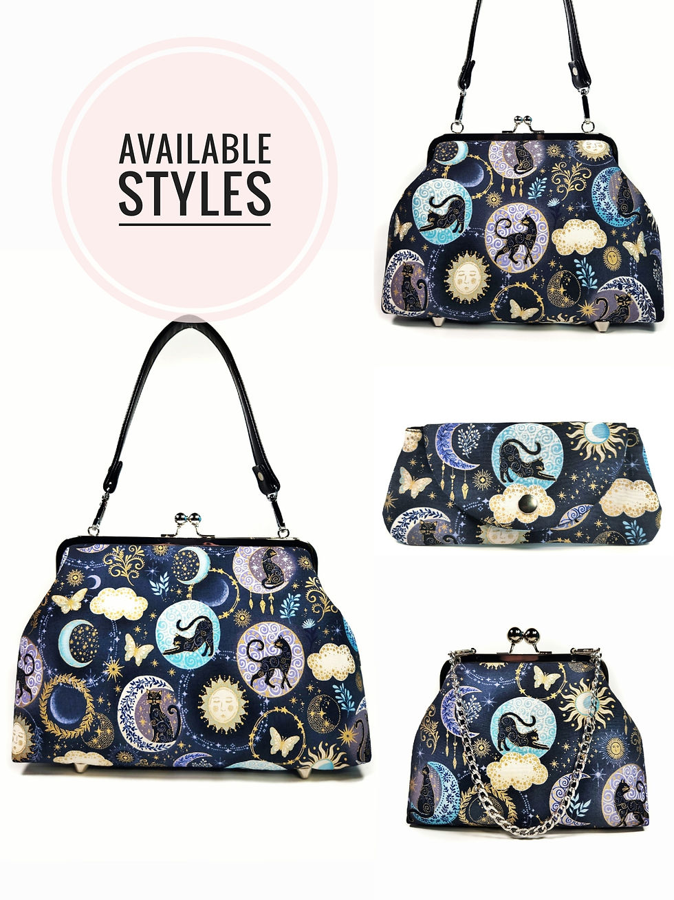 Thumbnail: Black Cat Celestial Moon Large Kisslock Purse, Mystical Cosmos Crossbody Bag