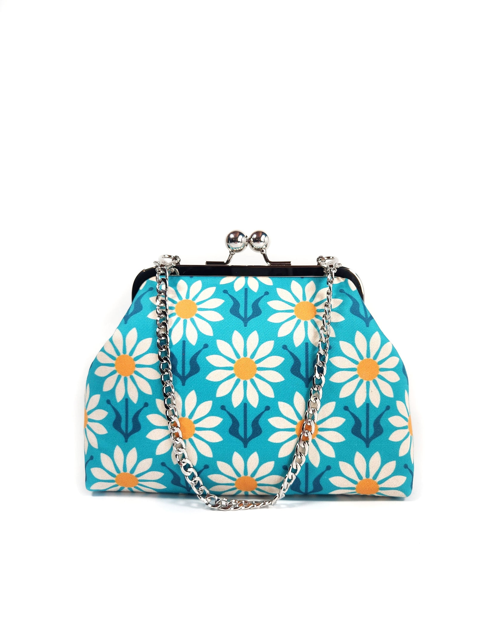 Mod Blue Floral Daisy Kisslock Clutch