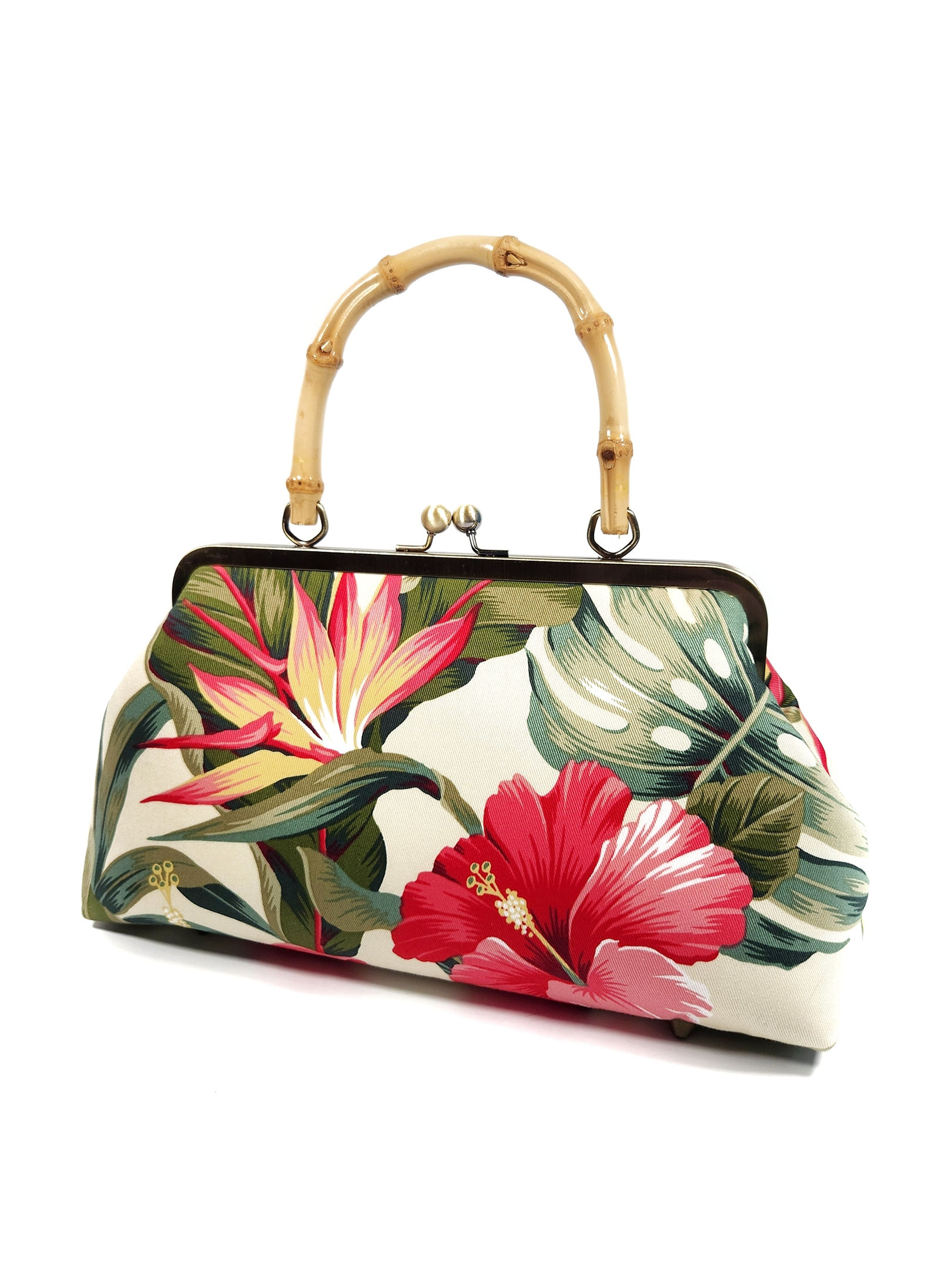 Bird of Paradise & Pink Hibiscus Purse with Bamboo Handle