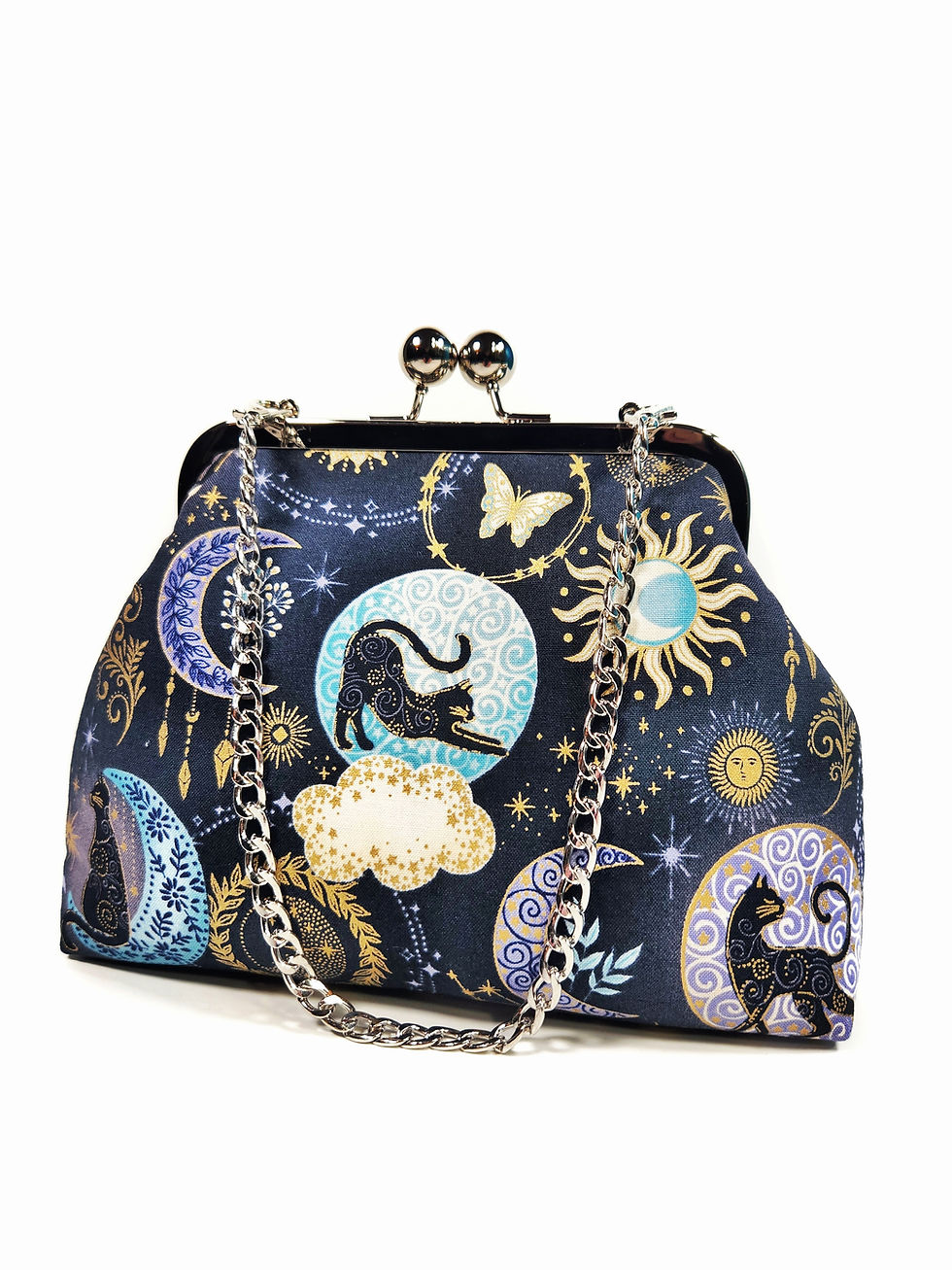 Thumbnail: Black Cat Celestial Moon Kisslock Clutch Purse, Mystical Cosmos Evening Bag