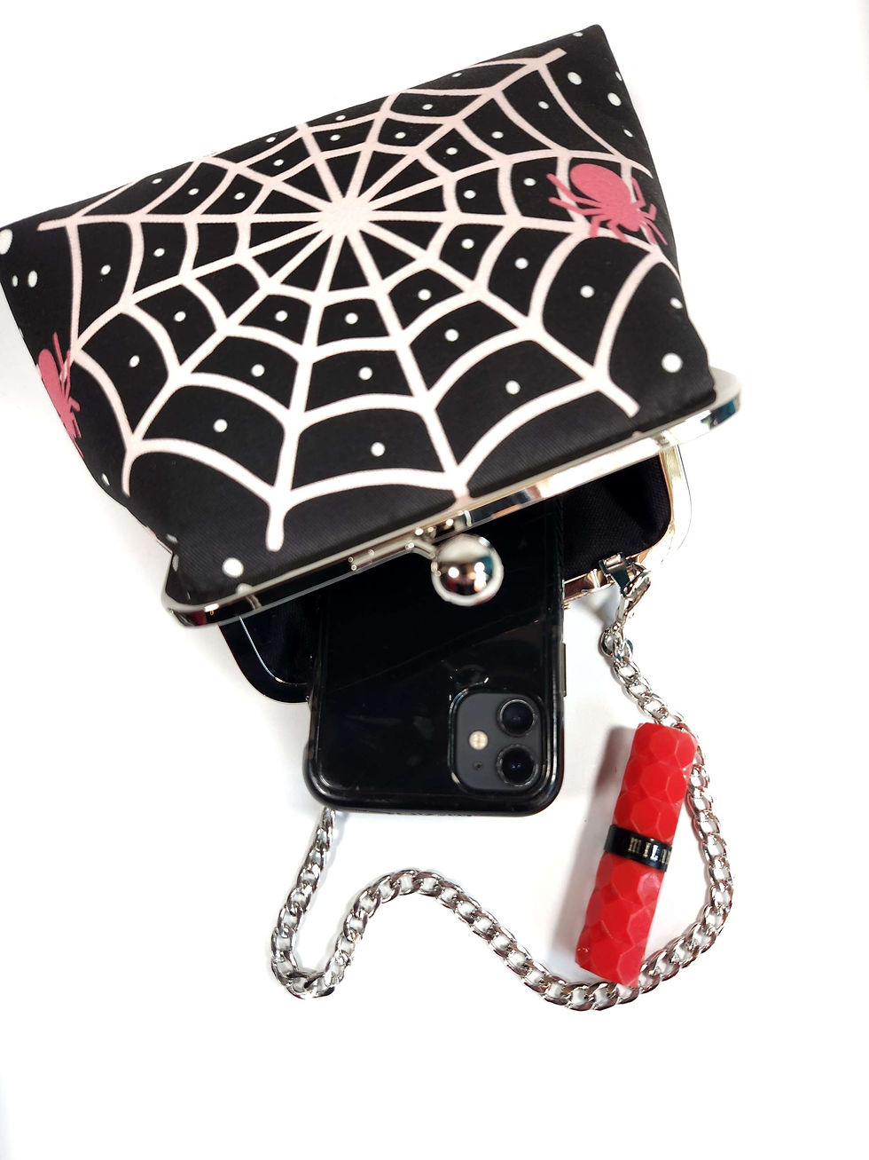 Thumbnail: Creepy Cute Pink Spider Web Kisslock Clutch Purse Evening Bag 