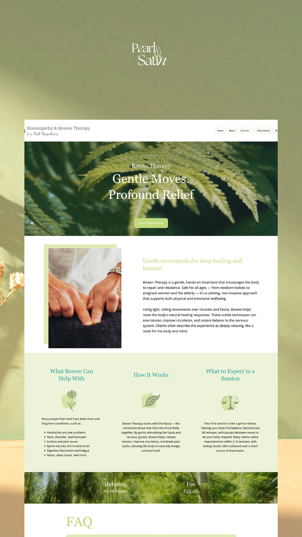 Screenshot of Pearl & Satin homeopathy and Bowen Therapy website with fern hero image, hands photo, service sections, and booking button.