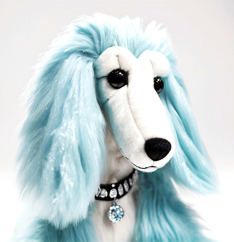cute photorealistic baby blue glittery plushie Afghan Hound dog with a rhinestone-embellished collar