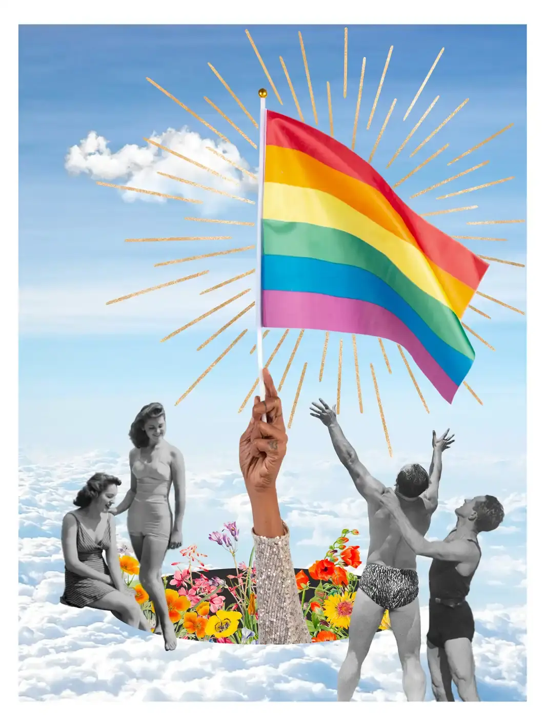 Affiche Gay Pride collage rétro avec drapeau arc-en-ciel et rayons dorés
