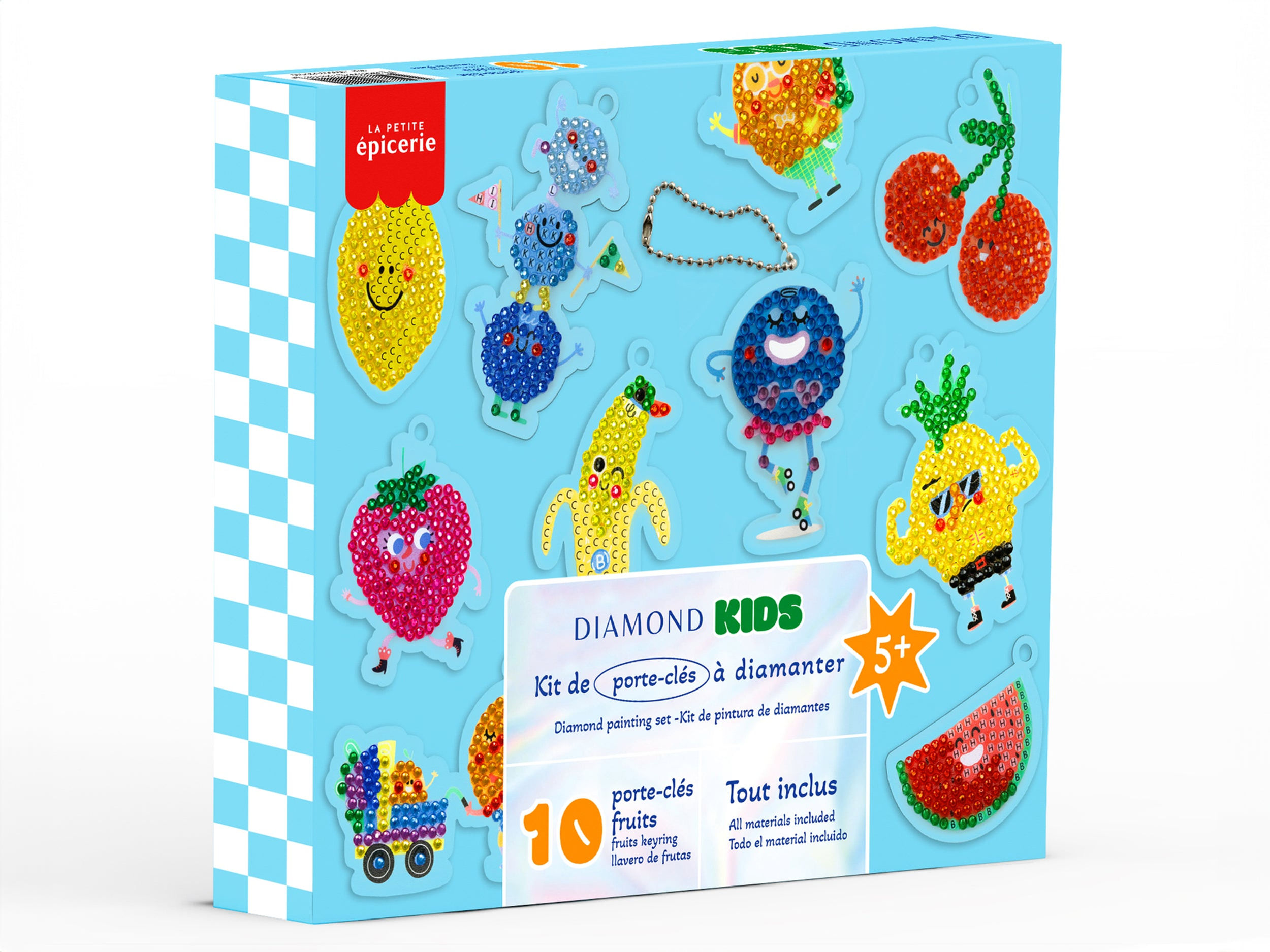 Kit de 10 porte-clés fruits à diamanter – Petit Diamond Kids : coffret de 10 porte-clés fruits à diamanter