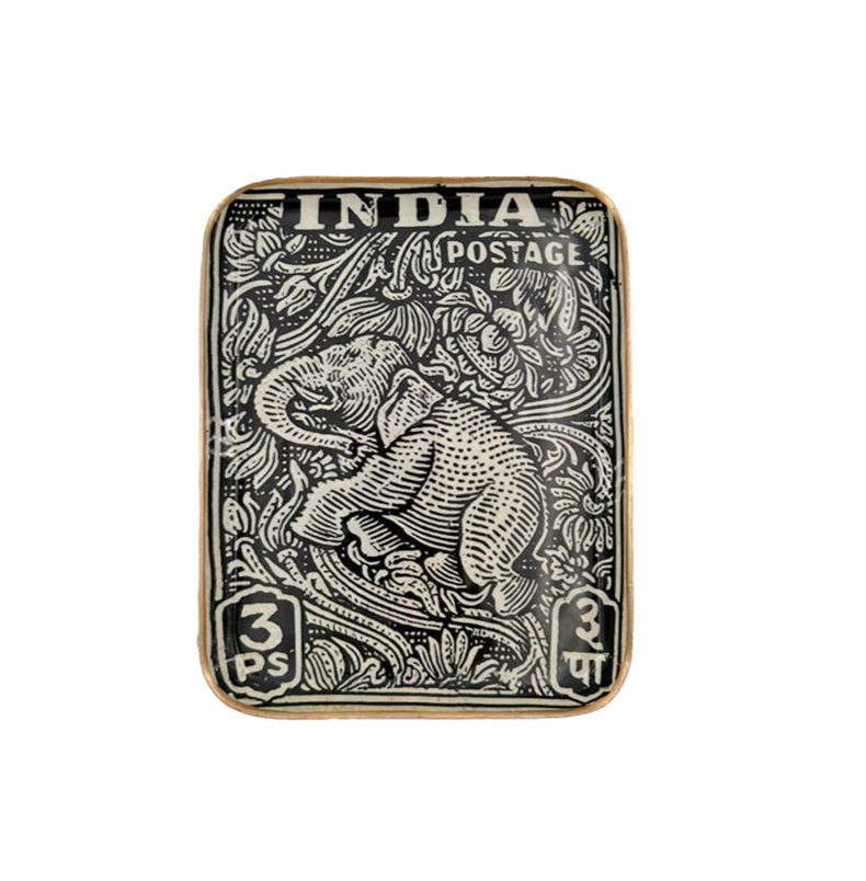 Plateau India Postage noir et blanc, éléphant et inscriptions de timbre indien bordés d’or