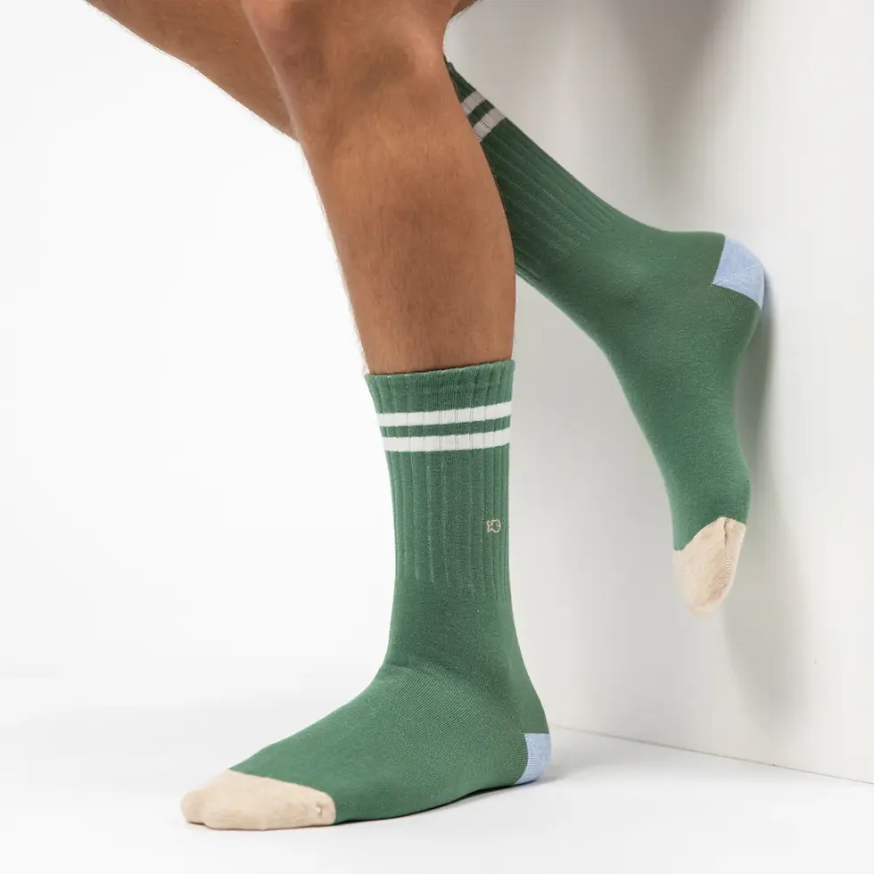 Miniature : chaussettes mi-mollet en coton peigné vert, pointe beige et talon bleu clair