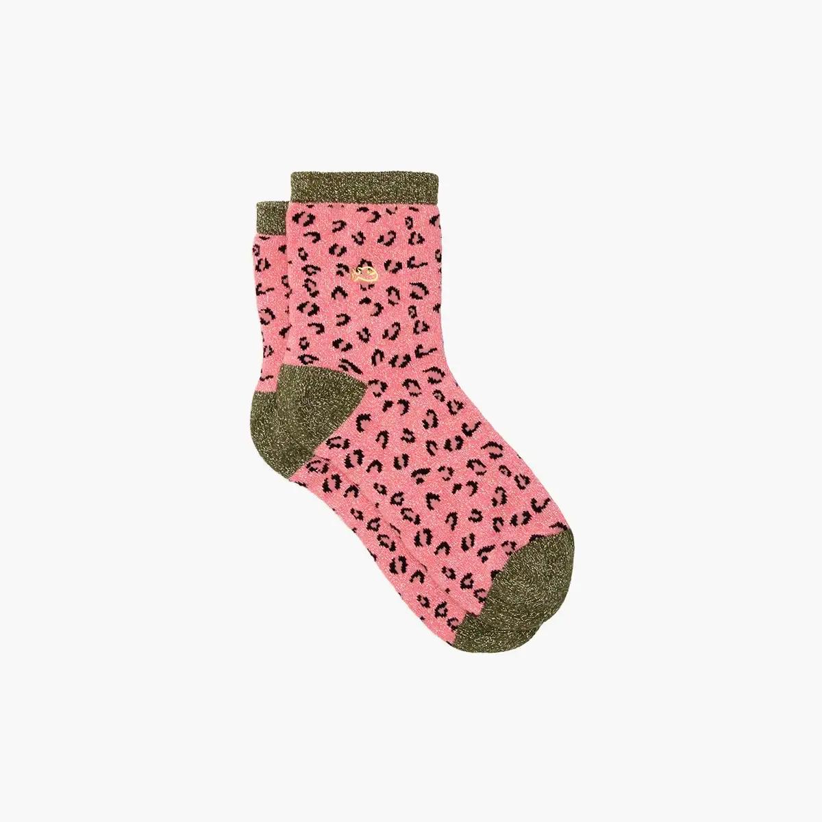 Chaussettes Billybelt motif léopard rose et talons verts pailletés, vues à plat