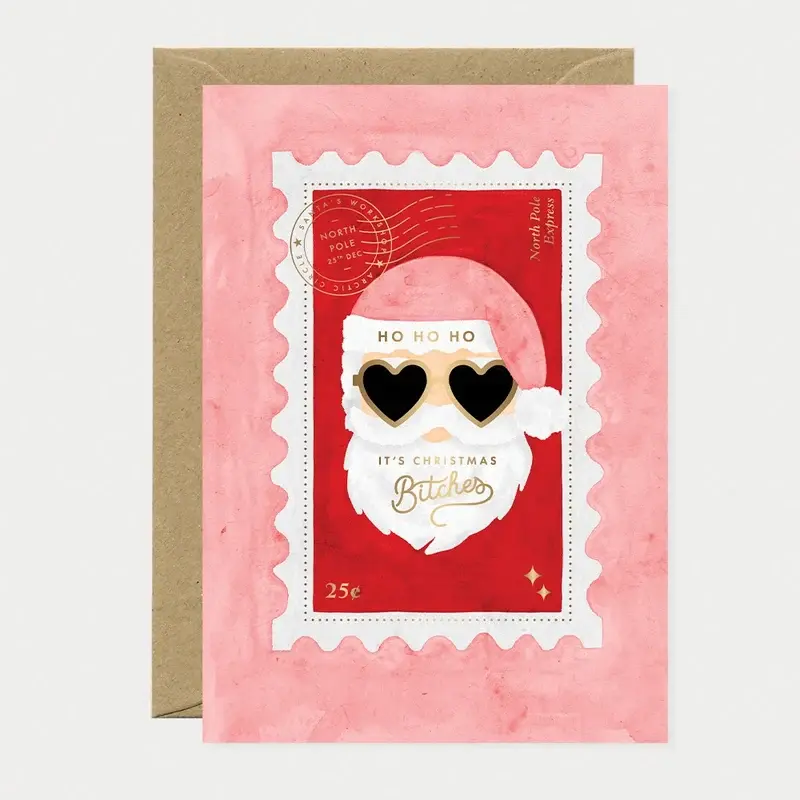 Carte de Noël drôle Christmas Bitches All the Ways to Say avec Père Noël façon timbre rose et détails dorés
