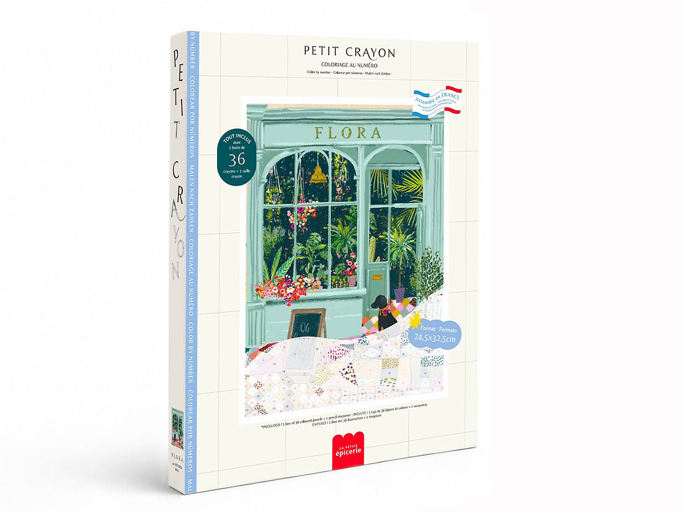 Coloriage au numéro Flora – Petit Crayon : coffret et façade verte du fleuriste Flora