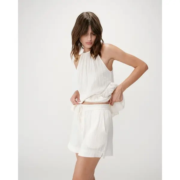 Short femme été écru taille haute cordon tressé