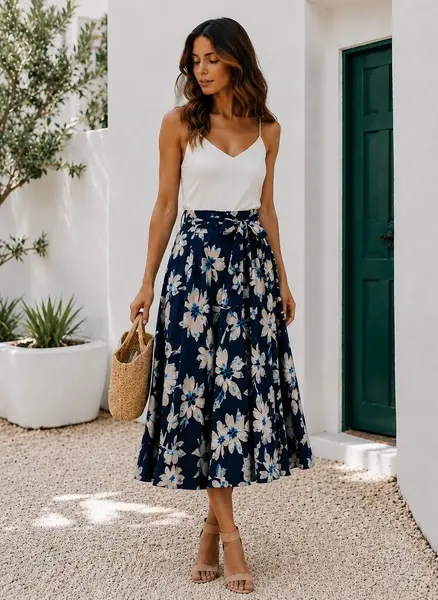 Jupe longue bohème chic Ycoo portée avec top blanc