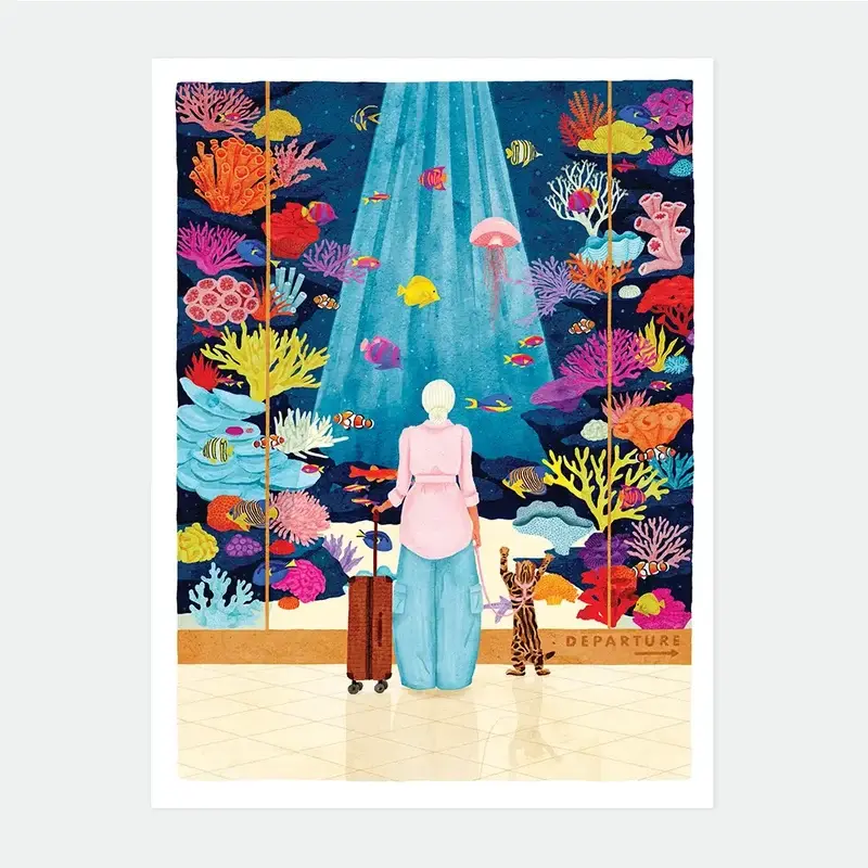 Affiche Boarding Soon All the Ways to Say, voyageuse avec valise devant un grand aquarium coloré