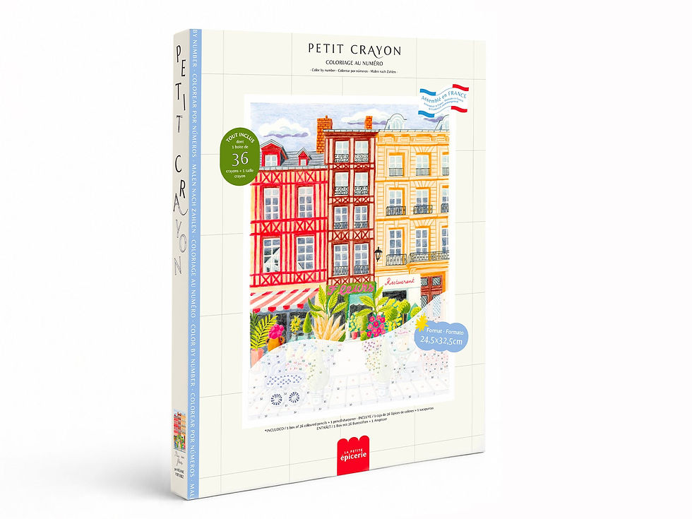 Coloriage au numéro Place aux Fleurs – Petit Crayon : coffret avec façades urbaines rouges et jaunes