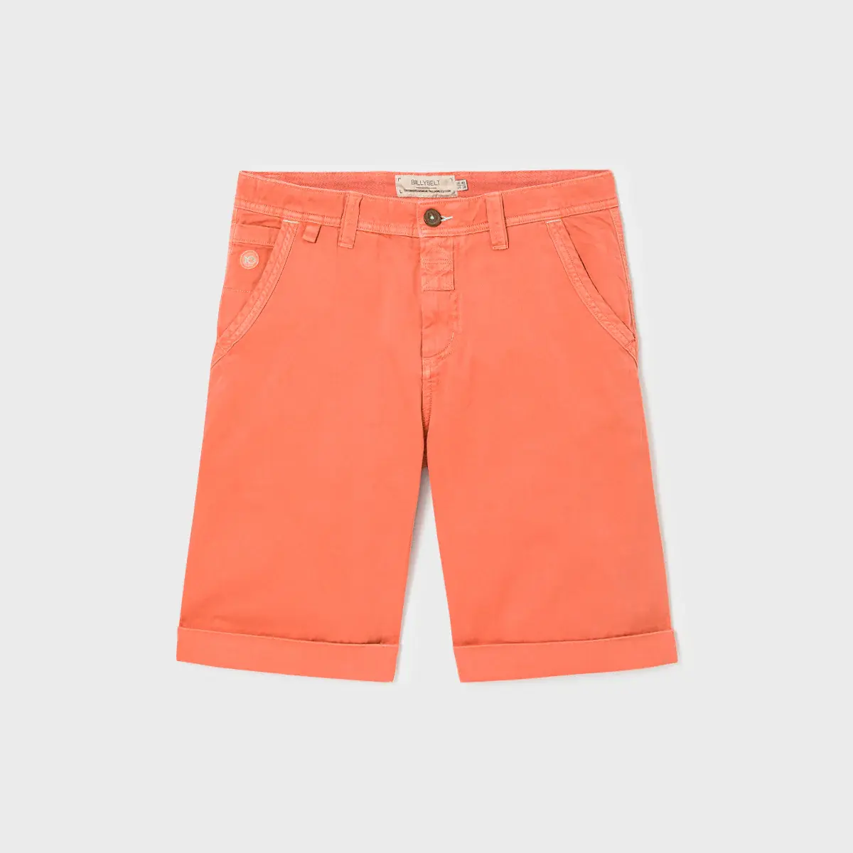 Short orange First Horizon BILLYBELT en coton bio, vu de face, sur fond blanc
