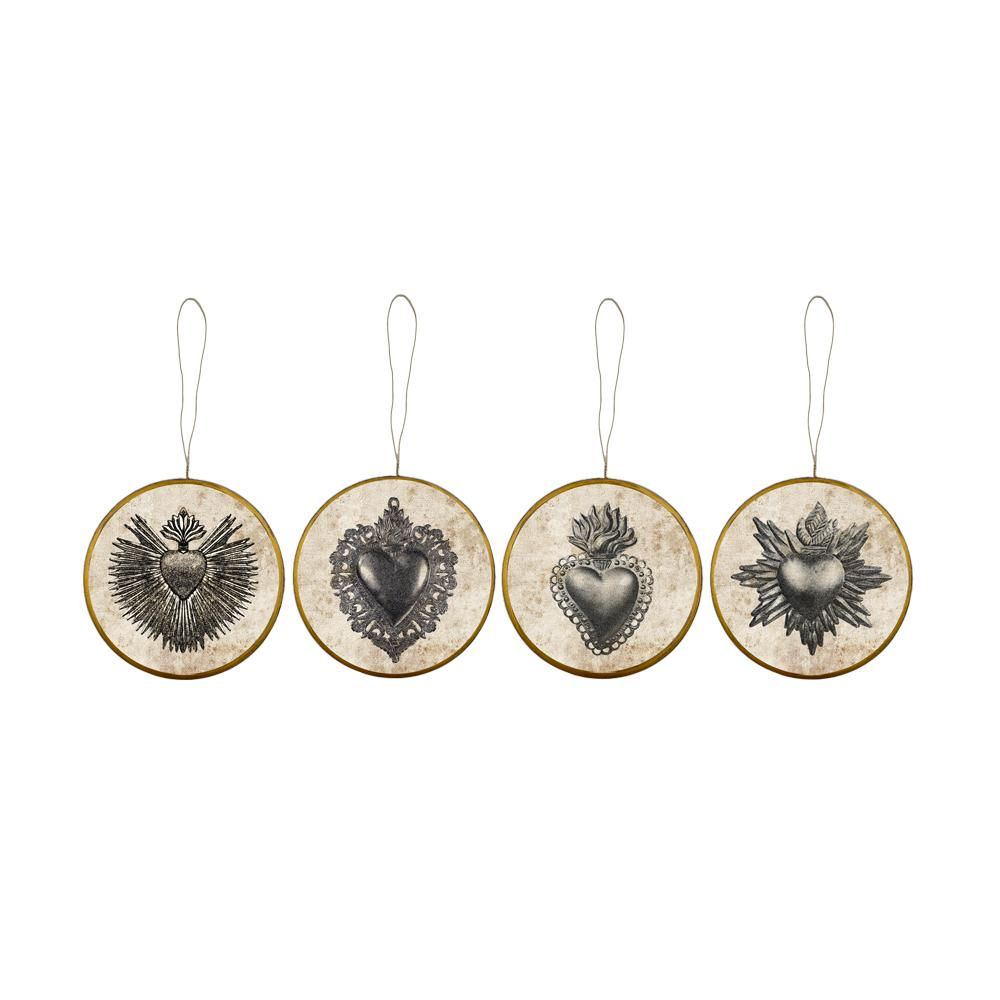 Quatre médaillons ronds BonCœurs, motifs ex-voto noirs sur fond clair avec attaches