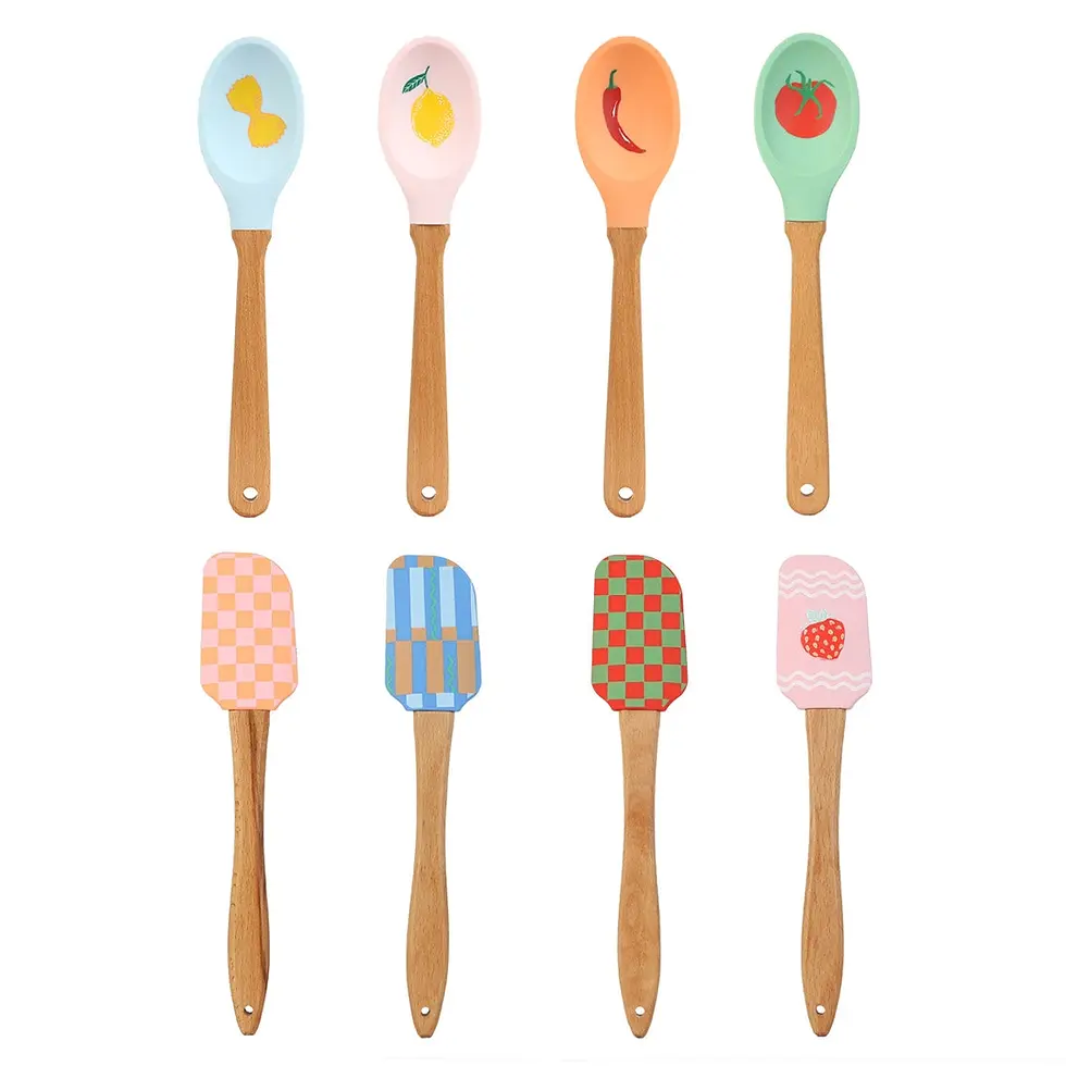 Miniature : ustensiles cuisine silicone manche bois coloré motifs citron tomate