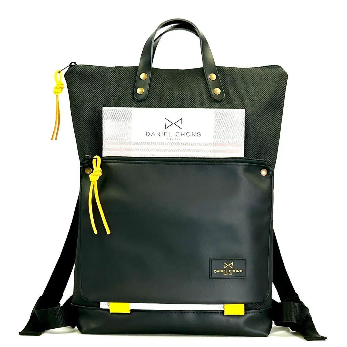 Sac à dos ordinateur noir jaune avec poche avant en cuir synthétique noir