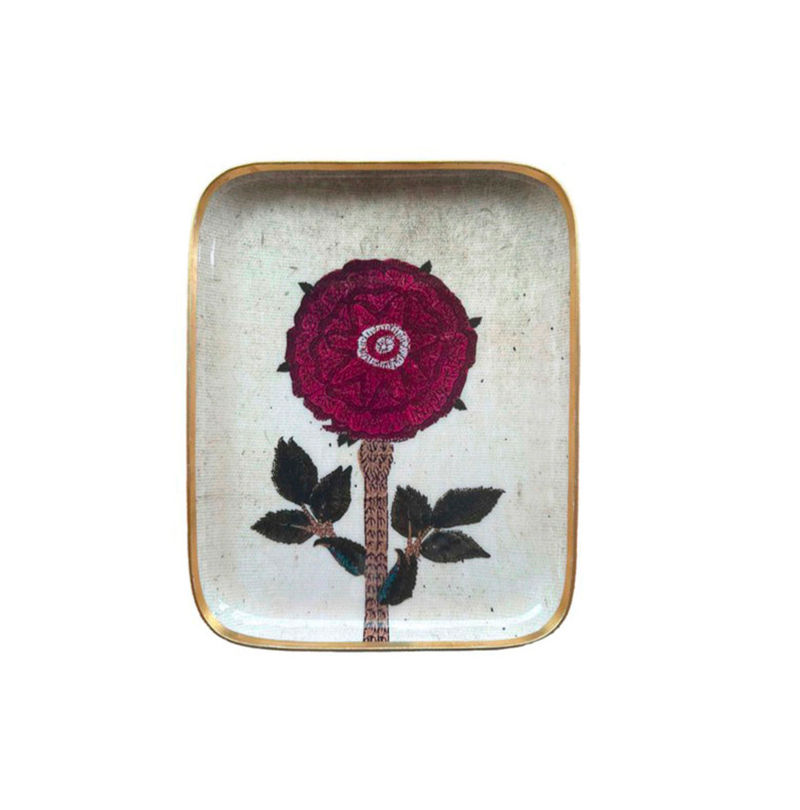 Plateau rectangulaire Pivoine Boncoeurs, grande fleur rose sombre et feuillage sur fond clair