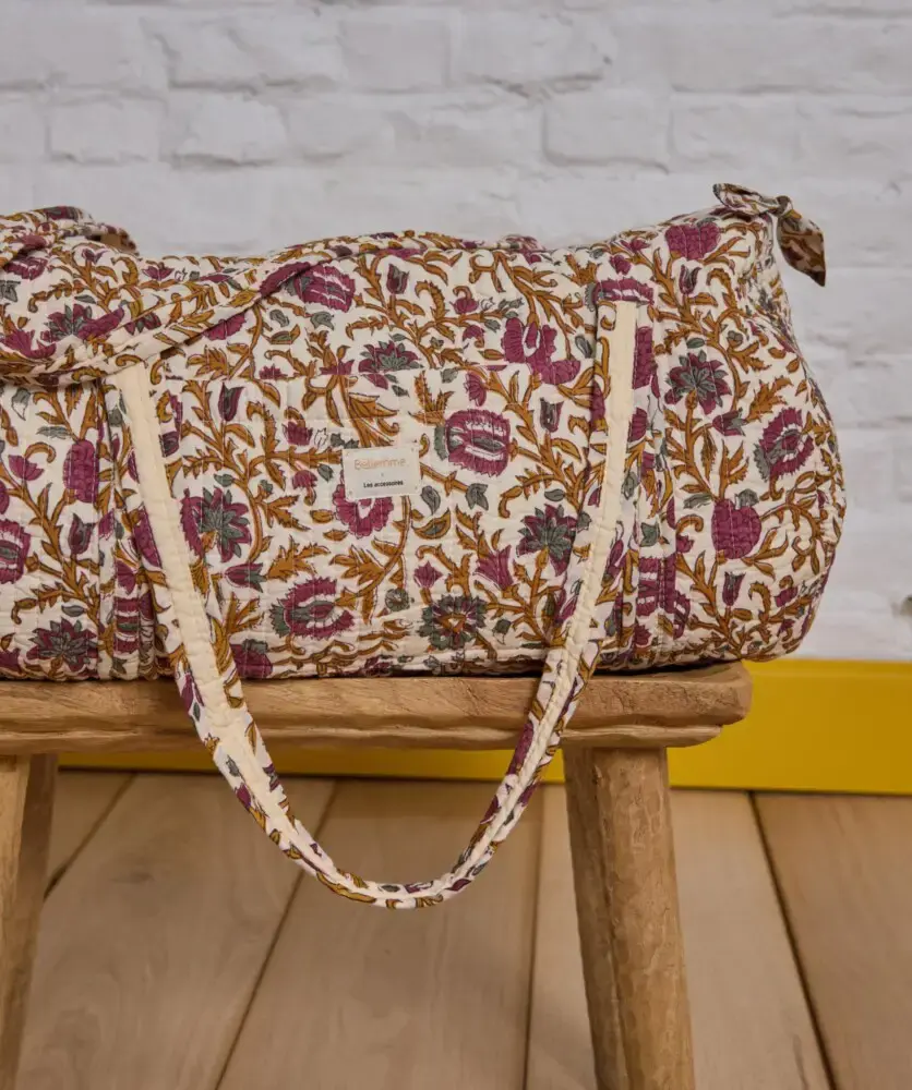 Miniature : Sac week-end Mina Améthyste en tissu matelassé imprimé à la main