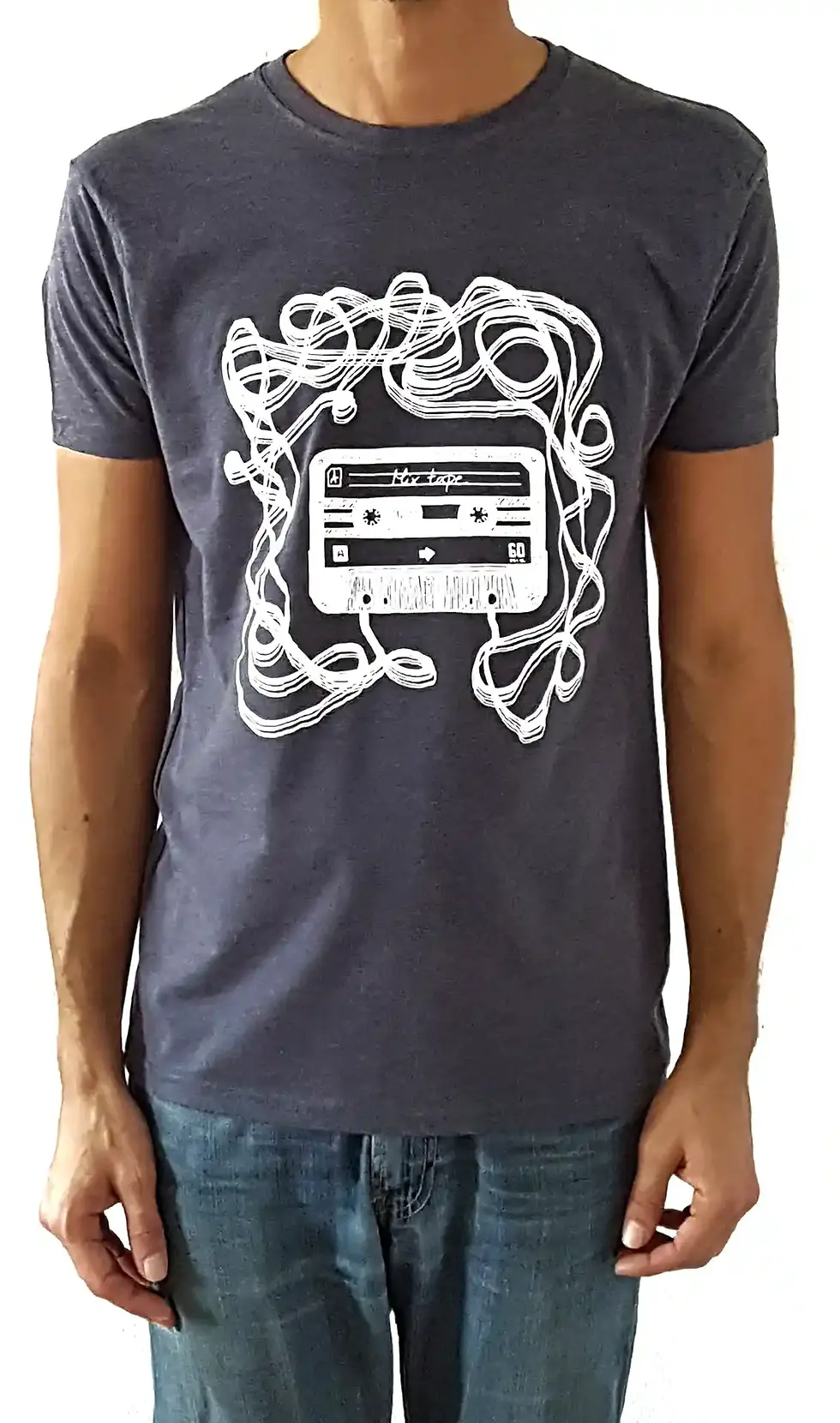 Miniature : T shirt cassette audio homme bleu denim chiné motif mixtape vintage