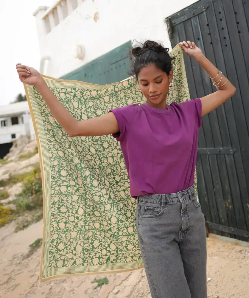 Miniature : Foulard carré Anjali Vert, accessoire imprimé artisanalement en Inde