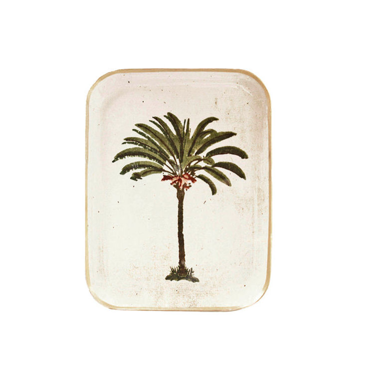 Plateau rectangulaire Palmier Boncoeurs, arbre dessiné sur fond clair avec une bordure dorée