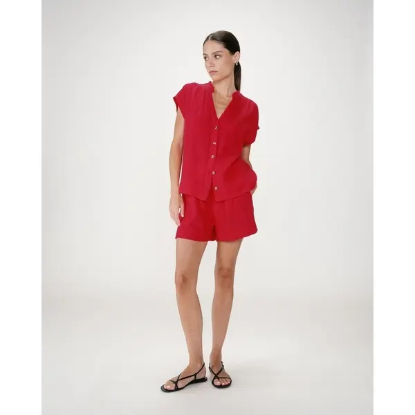 Blouse rose fuchsia femme manches courtes col V