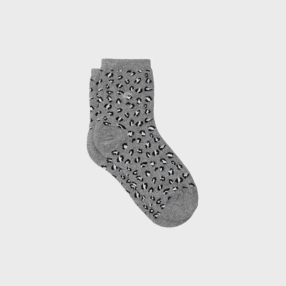 Chaussettes Billybelt léopard noir et blanc sur fond gris pailleté vues à plat