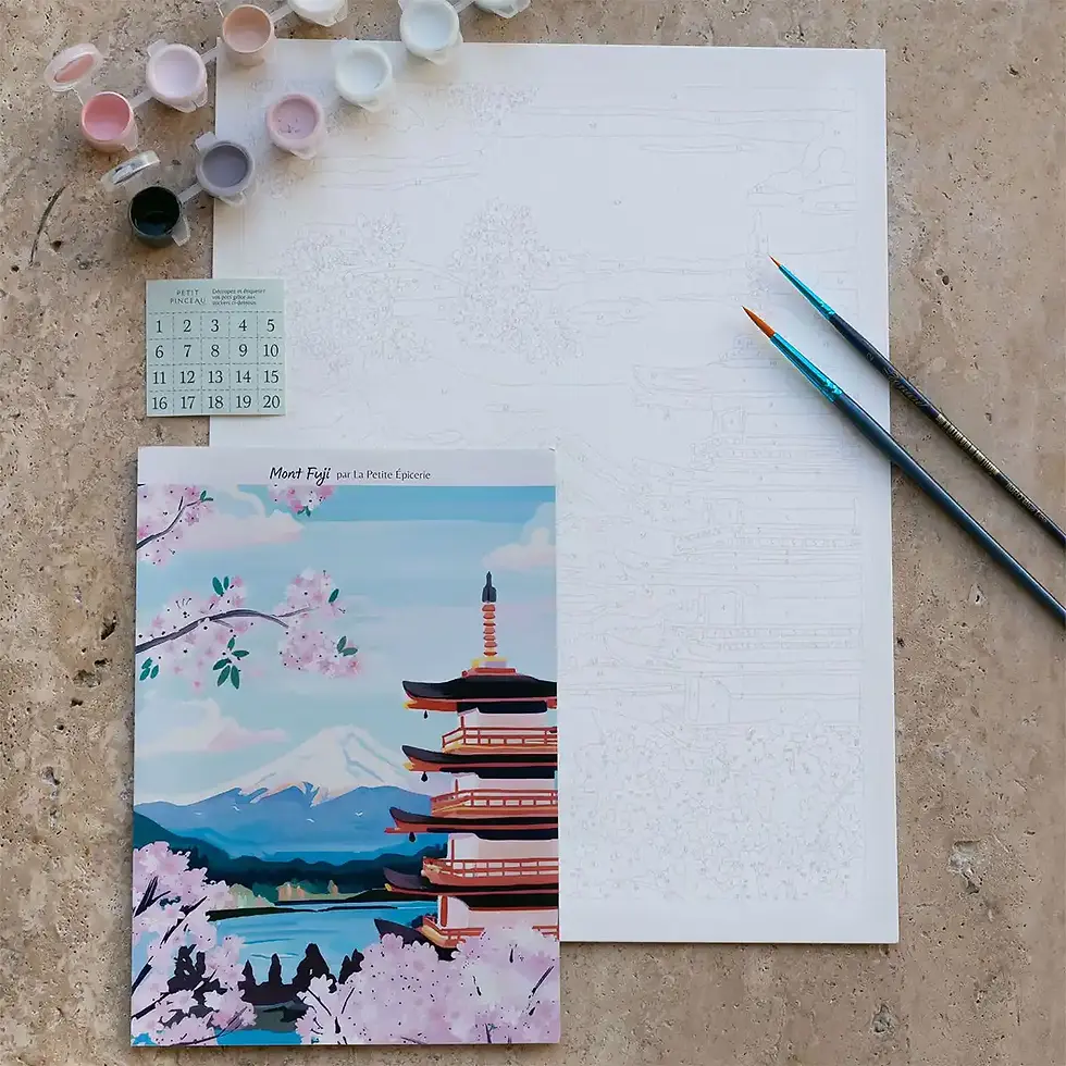 Miniature : Illustration à peindre du Mont Fuji, planche numérotée, pinceaux et peinture du coffret