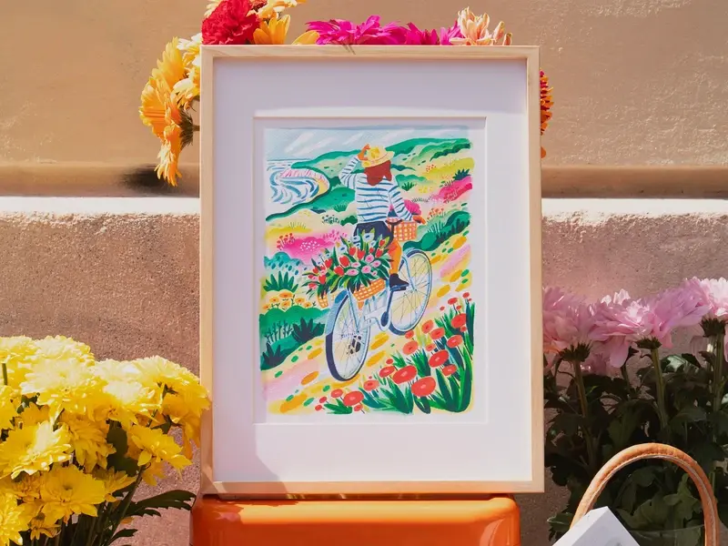 Miniature : Peinture au numéro terminée femme avec vélo près de l’océan