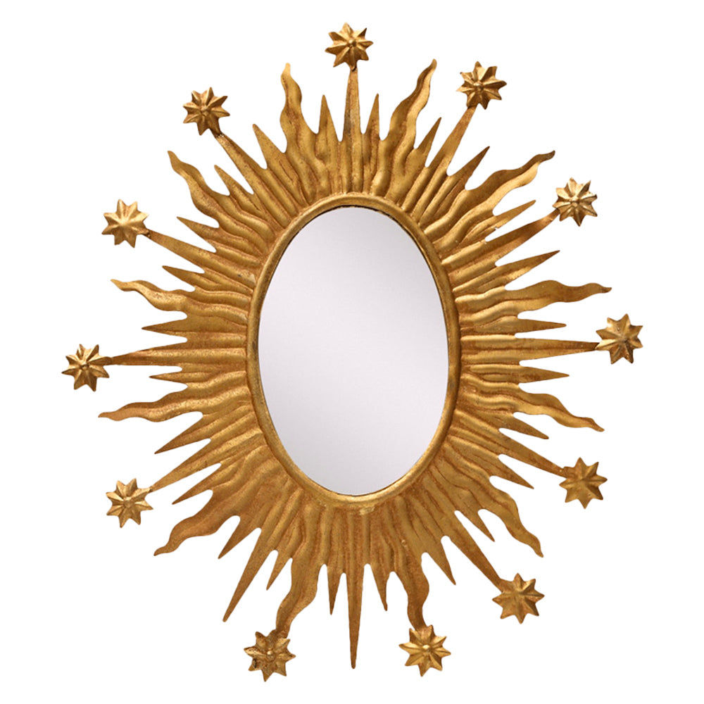 Grand miroir Galilée ovale entouré de longs rayons et d’étoiles dorés