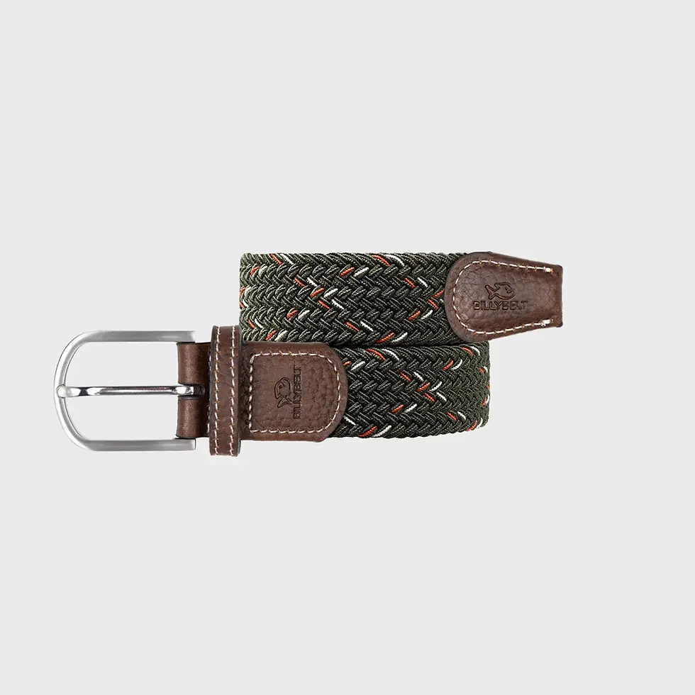 Ceinture élastique Billybelt Tanzanie – vue packshot avec cuir marron et tressage vert feuille, orange et blanc