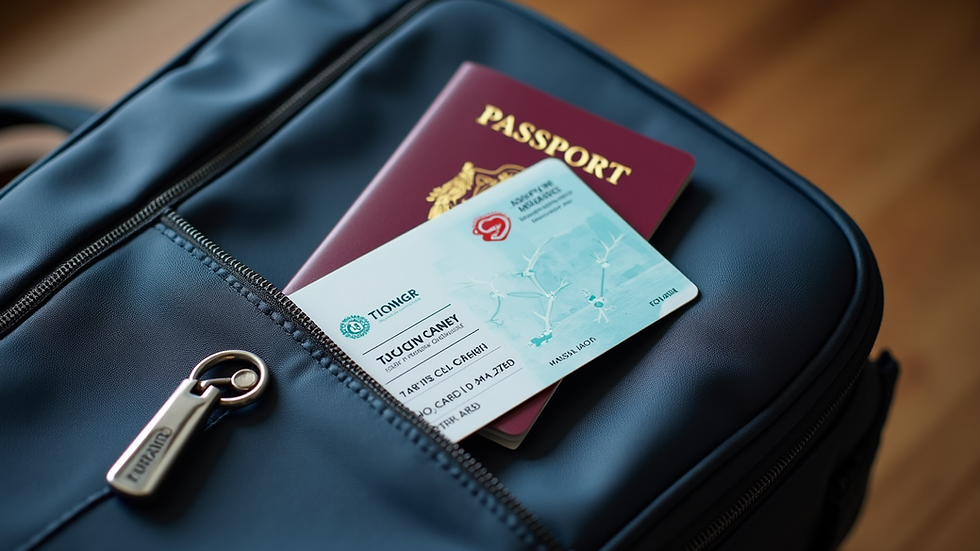 High angle view of a travel bag with health insurance card and passport