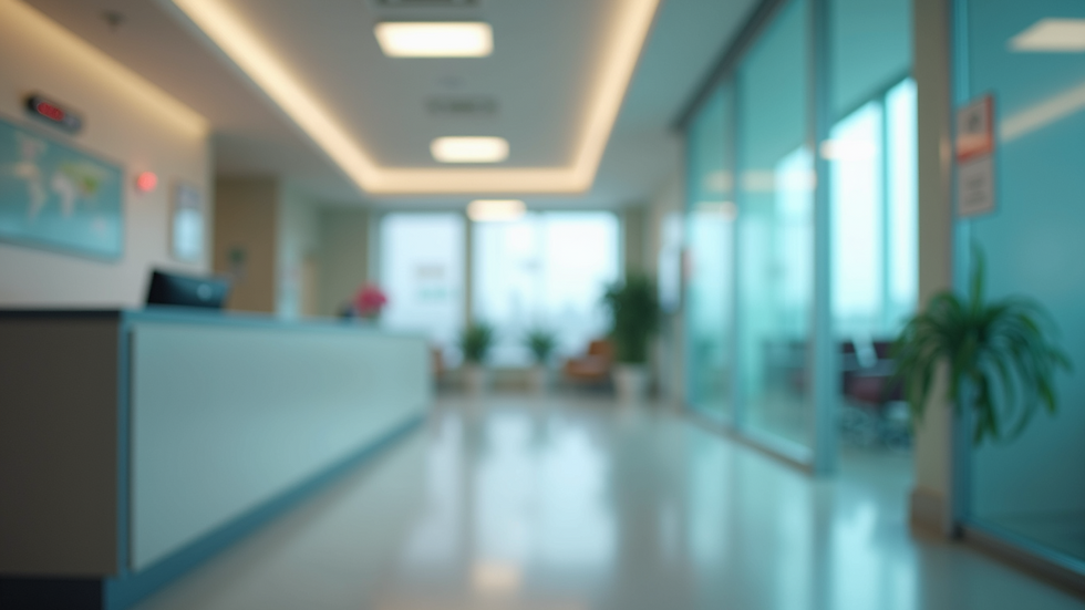 Eye-level view of a hospital reception desk with international signage