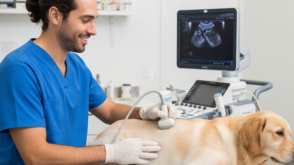 a vet performing an ultrasound exam on a labrador dog