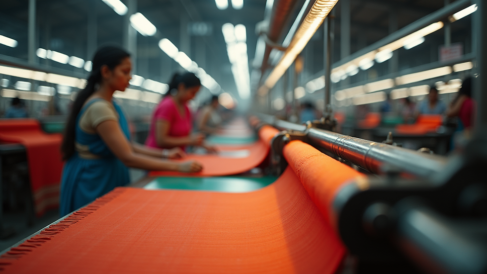 Wide angle view of vibrant Indian textile factory with workers