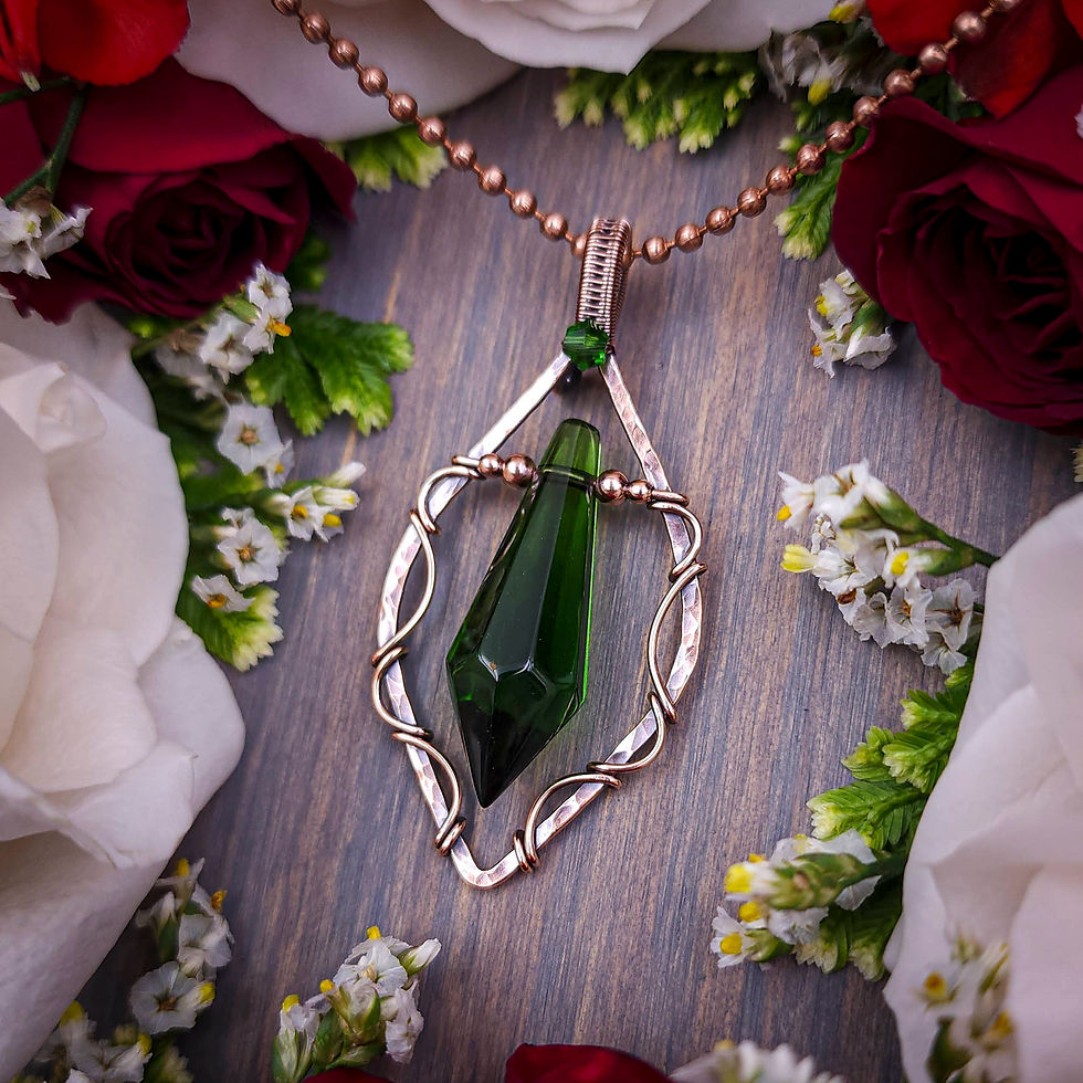Thumbnail: Custom Order: Green Glass Crystal Pendant in Open Hammered & Woven Copper Frame